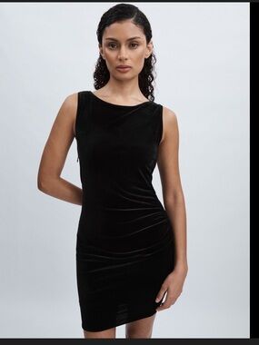 Good American Black Velvet Sleeveless Ruched Mini Dress